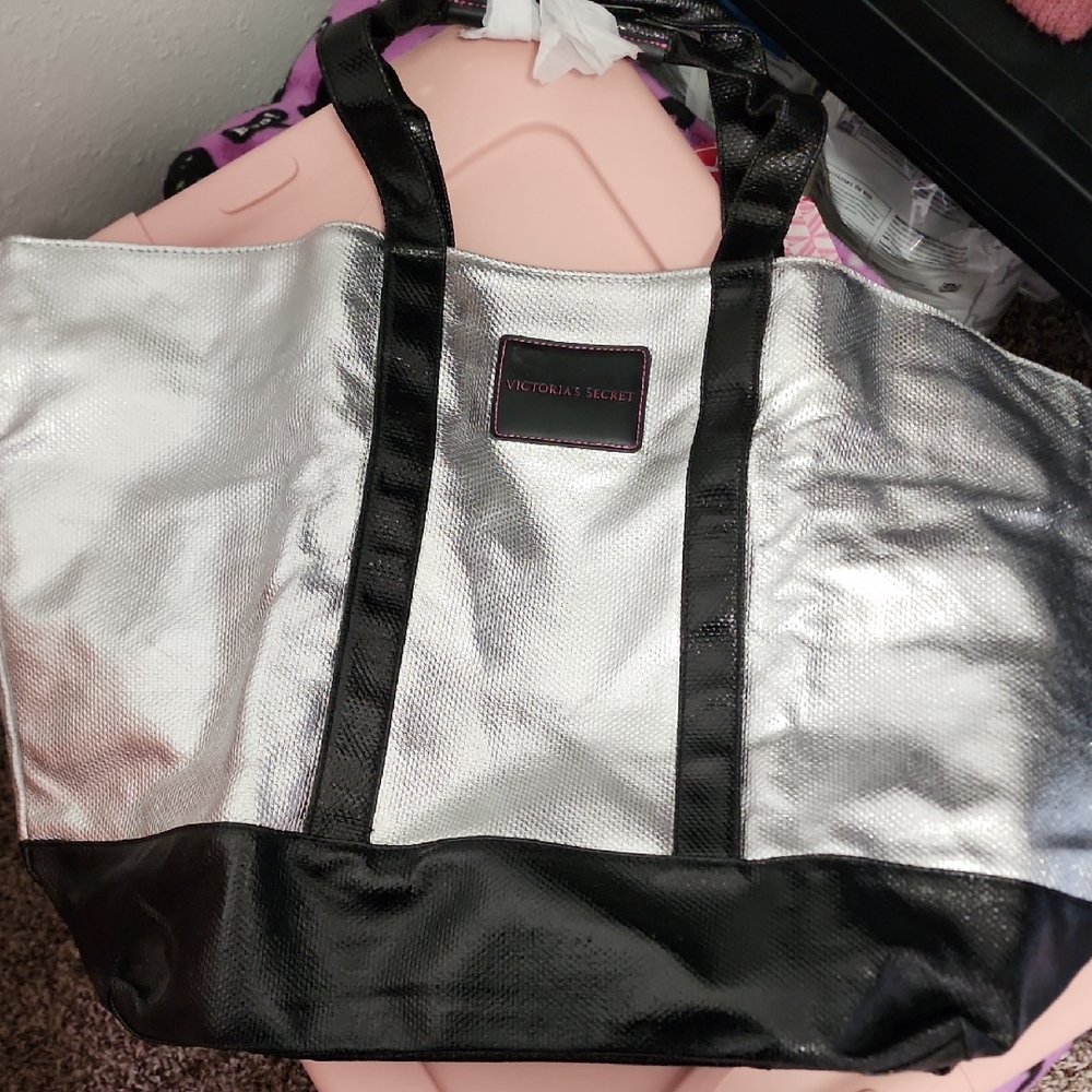 Victoria's Secret Metallic Silver and Black Tote